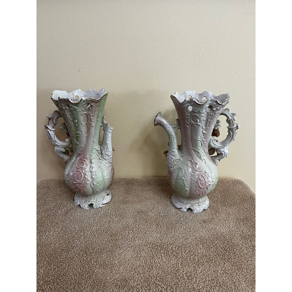 Set2pcs Vintage Ucagco Ceramic  Cherubs Ewer Pitcher/Vase 10" HandPainted - Picture 3 of 8